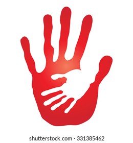 Vector concept human or mother and child hand prints painted, isolated on white background for art, care, childhood, family, fun, happy, infant, symbol, kid, little, love, mom, motherhood young design