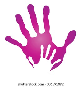 Vector concept human or mother and child hand prints painted, isolated on white background for art, care, childhood, family, fun, happy, infant, symbol, kid, little, love, mom, motherhood young design