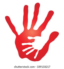 Vector concept human or mother and child hand prints painted, isolated on white background for art, care, childhood, family, fun, happy, infant, symbol, kid, little, love, mom, motherhood young design