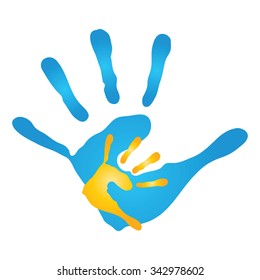 Vector concept human or mother and child hand prints painted, isolated on white background for art, care, childhood, family, fun, happy, infant, symbol, kid, little, love, mom, motherhood young design