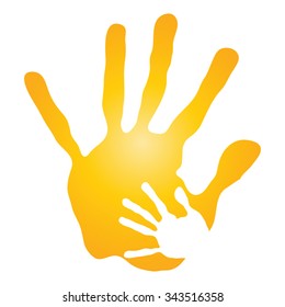 Vector concept human or mother and child hand prints painted, isolated on white background for art, care, childhood, family, fun, happy, infant, symbol, kid, little, love, mom, motherhood young design