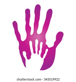 Vector concept human or mother and child hand prints painted, isolated on white background for art, care, childhood, family, fun, happy, infant, symbol, kid, little, love, mom, motherhood young design