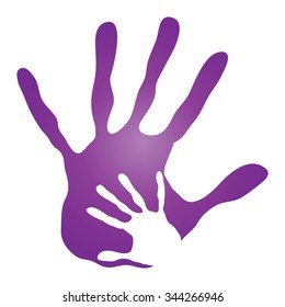 Vector concept human or mother and child hand prints painted, isolated on white background for art, care, childhood, family, fun, happy, infant, symbol, kid, little, love, mom, motherhood young design