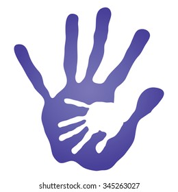 Vector concept human or mother and child hand prints painted, isolated on white background for art, care, childhood, family, fun, happy, infant, symbol, kid, little, love, mom, motherhood young design