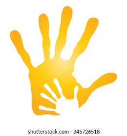 Vector concept human or mother and child hand prints painted, isolated on white background for art, care, childhood, family, fun, happy, infant, symbol, kid, little, love, mom, motherhood young design