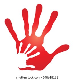 Vector concept human or mother and child hand prints painted, isolated on white background for art, care, childhood, family, fun, happy, infant, symbol, kid, little, love, mom, motherhood young design