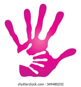 Vector concept human or mother and child hand prints painted, isolated on white background for art, care, childhood, family, fun, happy, infant, symbol, kid, little, love, mom, motherhood young design