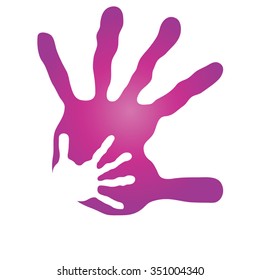 Vector concept human or mother and child hand prints painted, isolated on white background for art, care, childhood, family, fun, happy, infant, symbol, kid, little, love, mom, motherhood young design