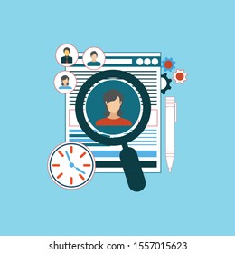 Vector concept of human resources management, professional staff research, head hunter job with magnifying glass