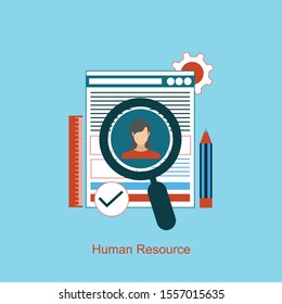 Vector concept of human resources management, professional staff research, head hunter job with magnifying glass