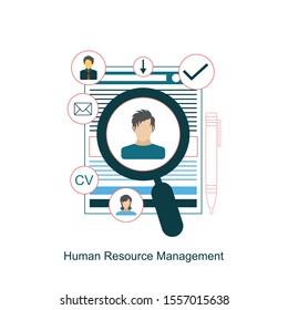 Vector concept of human resources management, professional staff research, head hunter job with magnifying glass