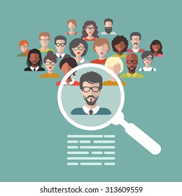 Vector concept of human resources management, professional staff research, head hunter job with magnifying glass.