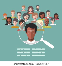 Vector concept of human resources management, professional staff research, head hunter job with magnifying glass. HR illustration in flat style. Male and female faces app icons.