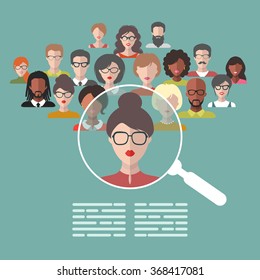 Vector concept of human resources management, professional staff research, head hunter job with magnifying glass. HR illustration in flat style. Male and female faces app icons.