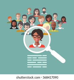 Vector concept of human resources management, professional staff research, head hunter job with magnifying glass. HR illustration in flat style. Male and female faces app icons.