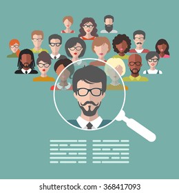 Vector concept of human resources management, professional staff research, head hunter job with magnifying glass. HR illustration in flat style. Male and female faces app icons.