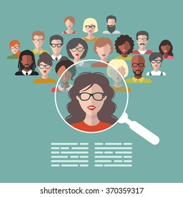 Vector concept of human resources management, professional staff research, head hunter job with magnifying glass. HR illustration in flat style. Male and female faces app icons.