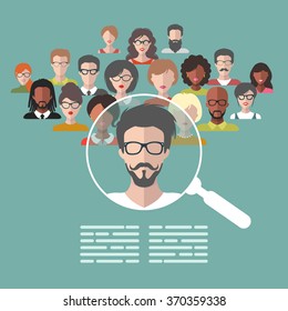 Vector concept of human resources management, professional staff research, head hunter job with magnifying glass. HR illustration in flat style. Male and female faces app icons.