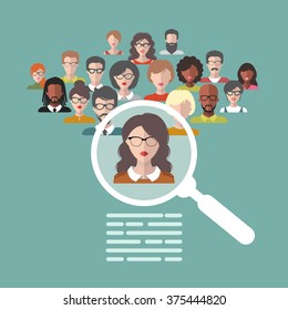 Vector concept of human resources management, professional staff research, head hunter job with magnifying glass. 