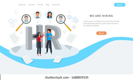 Vector concept of human resources, online job search, recruitment service. Employment agency. We are hiring. HR managers choosing best candidate to hire.  Recruit for business, recruitment process.