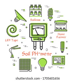 Vector concept of hydroponic and growth led light - soil PH-meter