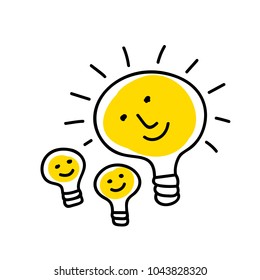 Vector concept of idea. Family, happiness, creativity. Light bulbs with character faces. Doodle cartoony sign. Cute linear design element. Simple hand drawn illustration for print, web. 