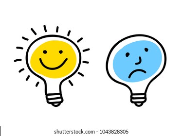 Vector concept of idea. Light bulbs with character faces. Doodle cartoony sign. Cute linear design element. Simple hand drawn illustration for print, web. 