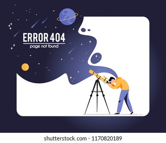 Vector concept illustration 404 error page not found in flat style. Man with telescope in search of a star