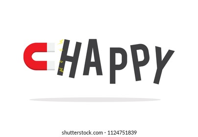 vector concept illustration abstract magnet attracting text happy in white background