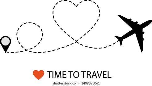 Vector concept illustration with airplane and heart path in the sky