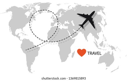 Vector concept illustration with airplane over world map and path in the sky
