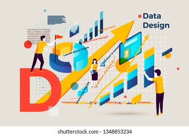 Vector concept illustration -  alphabet letter D business banner and people working with data design. Modern bright banner template with charts and place for your text.