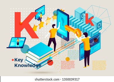Vector concept illustration -  alphabet letter K with knowledge key and people learning online. Modern bright banner template with charts and place for your text.