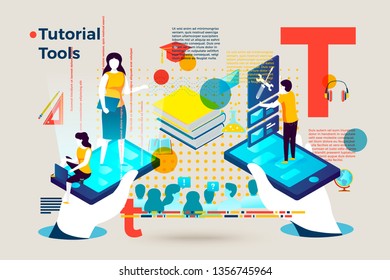 Vector concept illustration -  alphabet letter T with people using tutorial tools online. Modern bright banner template with charts and place for your text.