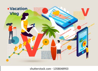 Vector concept illustration -  alphabet letter V with summer vacation video vlog making people. Modern bright banner template with charts and place for your text.