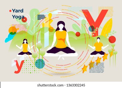 Vector concept illustration -  alphabet letter Y with summer yard yoga making people. Modern bright banner template with charts and place for your text.