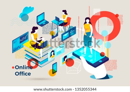 Vector concept illustration -  alphabet letter O with online office freelance work. Modern bright banner template with charts and place for your text.