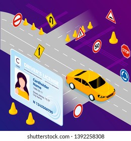 Vector concept illustration - auto school and drivers license. Modern bright banner template with place for your text.