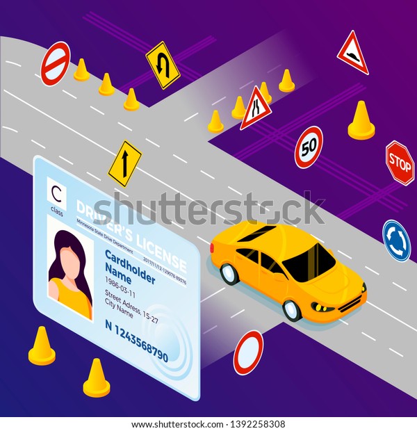Vector\
concept illustration - auto school and drivers license. Modern\
bright banner template with place for your\
text.