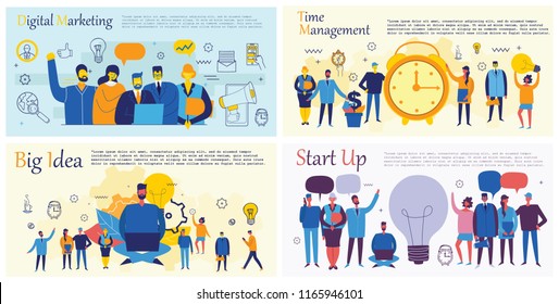 Vector concept illustration backgrounds of Start Up, Time managemen, Digital marketingt and Team Work in flat style