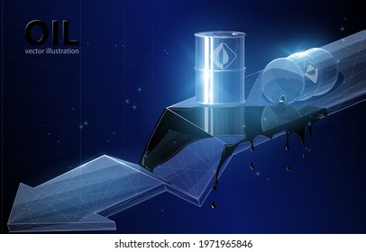 
Vector concept illustration of a barrel with leaking oil and a descending graph of an arrow on a dark blue background, a symbol of world production and consumption of oil cheaper.