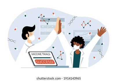 Vector concept illustration of bioengineers in lab developing coronavirus vaccine. Caucasian male, black female scientists celebrating successful covid vaccine trials in modern biochemical laboratory.