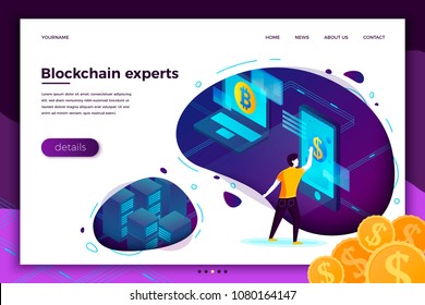 Vector concept illustration -  Blockchain process investments, man making money .Modern bright banner, site template with place for your text.