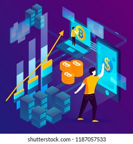 Vector concept illustration -  Blockchain process investments, man making money .Modern bright banner template with place for your text.