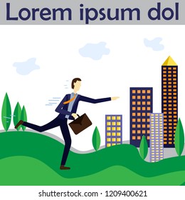 Vector concept illustration for boost business productivity. Hurry up concept flat icon. Banner, poster template with place for your text. A businessman runs fast.