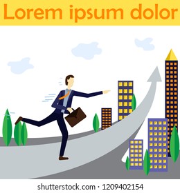 Vector concept illustration for boost business productivity. Hurry up concept flat icon. Banner, poster template with place for your text. A businessman runs fast  on the arrow.