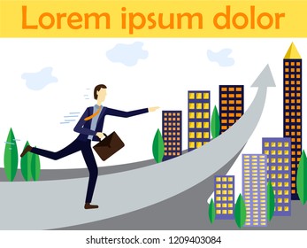 Vector concept illustration for boost business productivity. Hurry up concept flat icon. Banner, poster template with place for your text. A businessman runs fast  on the arrow.