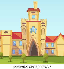 Vector Concept Illustration Building Institute. Image Cartoon Facade and Main entrance Building University. Higher Education Institution. Building National Institute of Economics