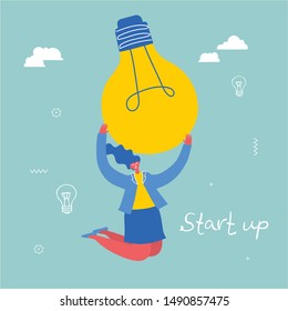 Vector concept illustration business background card of Start Up with light bulb in the flat style.