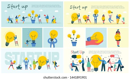 Vector concept illustration business backgrounds of Start Up with light bulbes in the flat style.